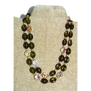 Vtg Signed Trifari Double-Strand Brown & Faux Crystal Beaded Necklace Gold-Tone
